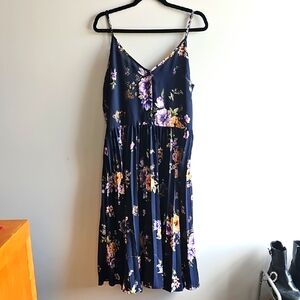 Xhilaration Navy Floral Midi Dress with Purple and Yellow Blooms